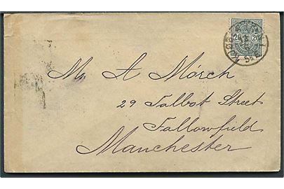 20 øre Våben med matricefejl Kort fodstreg på 2 på brev fra Kjøbenhavn d. 13.6.1891 til Fallowfield, Manchester, England. 