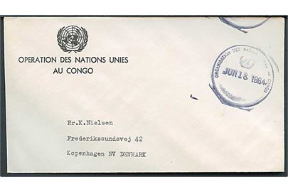 Ufrankeret fortrykt kuvert stemplet Organisation des Nationes Unies au Congo d. 18.6.1964 til København, Danmark. 