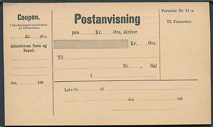 Postanvisning formular Nr. 14 a. fra 1880'erne. Ubrugt.