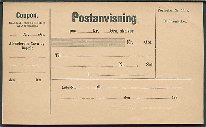 Postanvisning formular Nr. 14 a. fra 1880'erne. Ubrugt.
