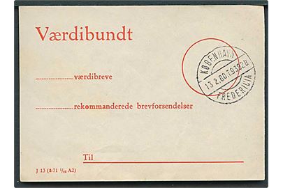 Værdibundt etiket J 13 (8-71 1/25 A2) med bureaustempel København - Fredericia T.9392B d. 12.2.1980.