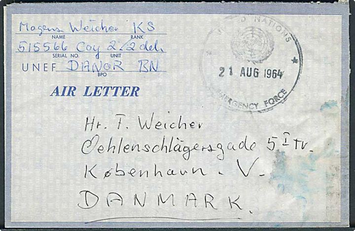 UNEF air letter stemplet United Nations Emergency Force d. 21.8.1964 til København, Danmark. Fra dansk FN-soldat ved DANOR BN i Gaza.
