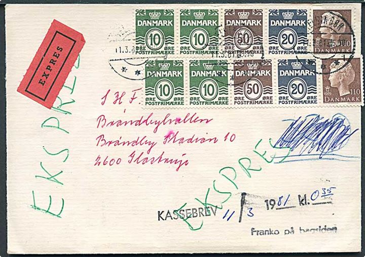 Komplet hæftesammentryk (4) på for- og bagside af ekspresbrev fra Helsingør d. 11.3.1981 til Glostrup. Stemplet Kassebrev 11/3 1981 kl. 0,35.
