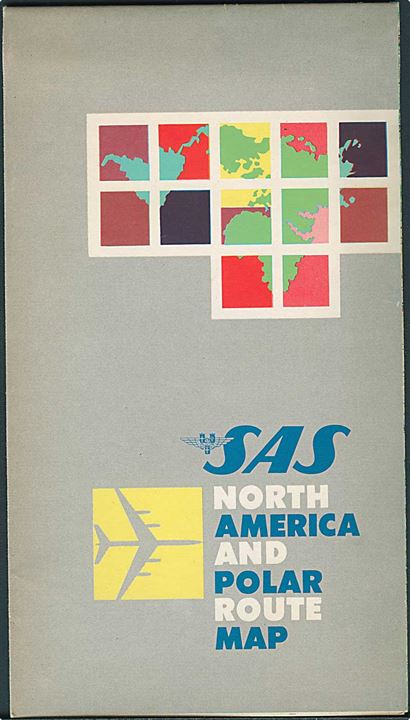 SAS North America and Polar Route Map. Folde kort med SAS luftruter over Nordatlanten og Nordpolen. Ca. 1960'erne.