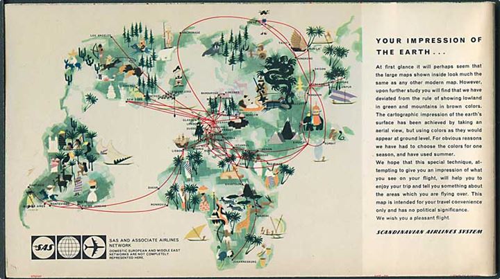 SAS North America and Polar Route Map. Folde kort med SAS luftruter over Nordatlanten og Nordpolen. Ca. 1960'erne.