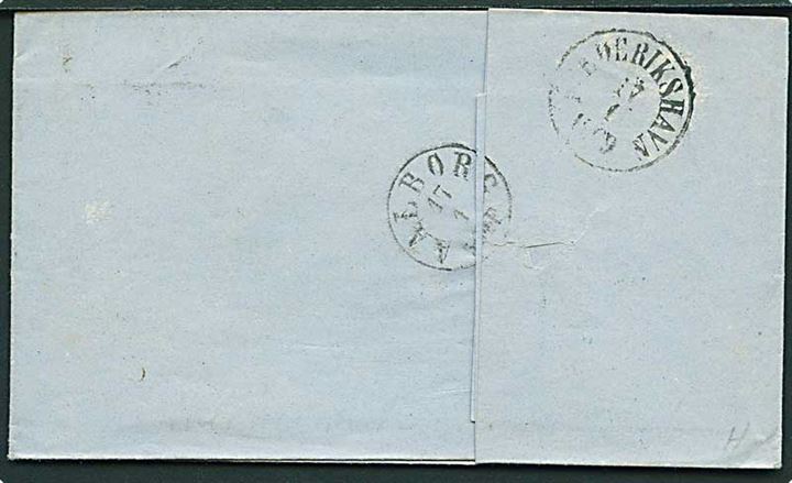 4 sk. Krone/Scepter på brev annulleret med nr.stempel 1 og sidestemplet Kiøbenhavn d. 15.1.1869 via Aalborg og Frederikshavn til Skagen.