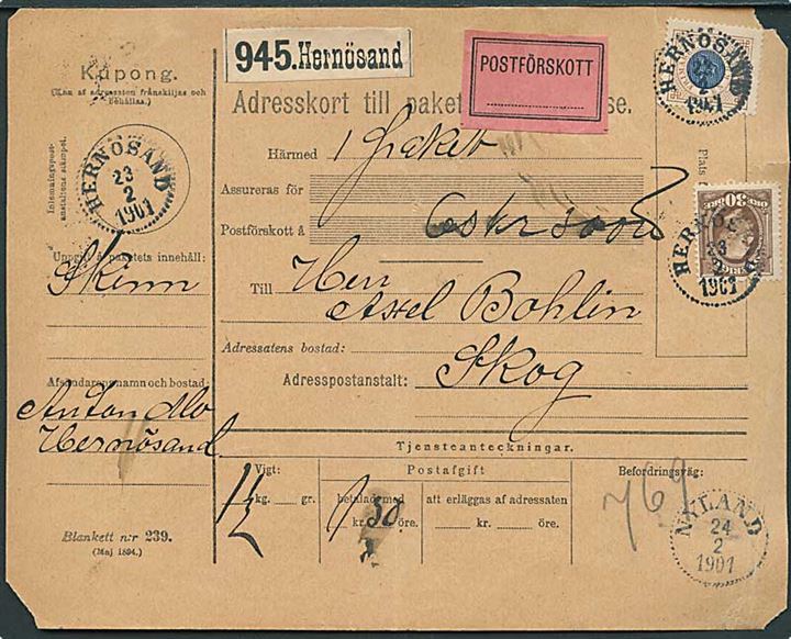 30 öre Oscar II og 1 kr. Ringtype på adressekort for pakke med opkrævning fra Hernösand d. 23.2.1901 via Nyland til Skog. Skrøbeligt papir.