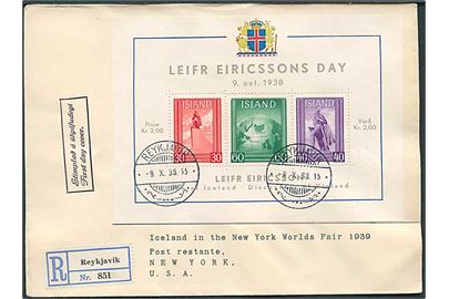 Leifr Eiricsson blok udg. på anbefalet FDC fra Reykjavik d. 9.10.1938 til New York, USA.