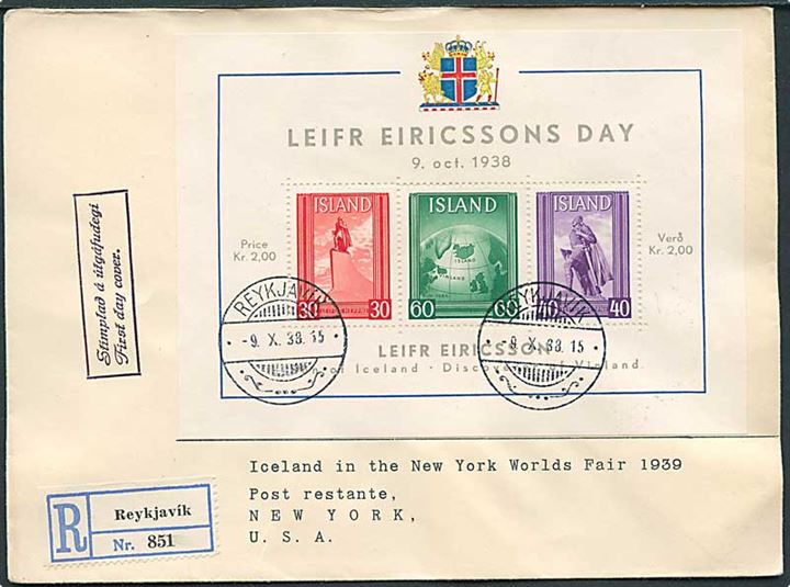 Leifr Eiricsson blok udg. på anbefalet FDC fra Reykjavik d. 9.10.1938 til New York, USA.