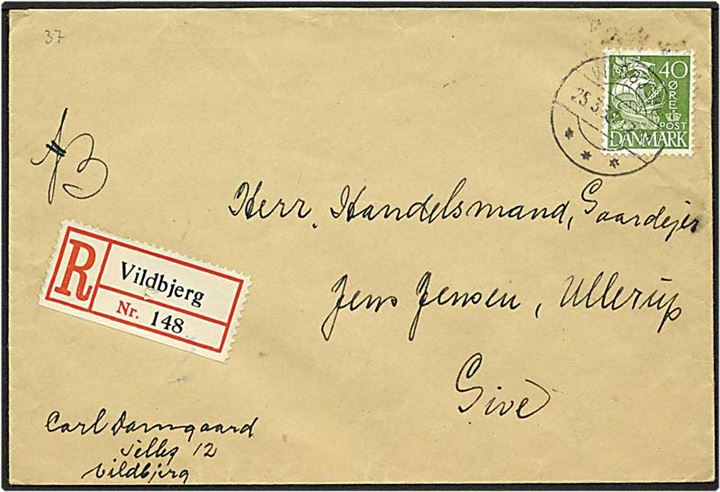 40 øre grøn karavel på Rec. brev fra Vildbjerg d. 25.3.1938 til Give.
