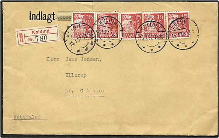 15 øre rød karavel på værdibrev fra Kolding d. 15.1.1937 til Give.