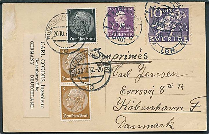7 øre H.C.Andersen stemplet København d. 6.8.1936, svensk 10 öre Postjubilæum stemplet Svalöv d. 18.7.1936 og tysk 1 prg. og 3 pfg. (2) Hindenburg stemplet Bolzenburg d. 20.10.1937 på tryksag til København.