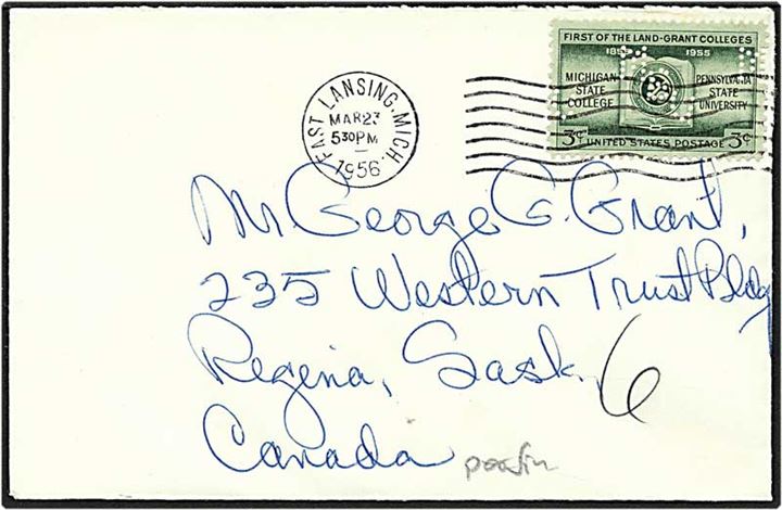 3 cent grøn på brev fra Fast Lansing, USA, d. 23.3.1956 til Canada. Mærket med perfin MSU.