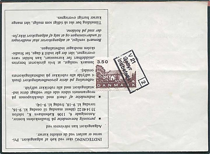 3,50 kr. Kirke som gebyr på bagsiden af postkvittering for indbetalingskort betalt på Københavns hovedbanegård d. 3.9.1990 stemplet V21 Gebyr indbefattet 