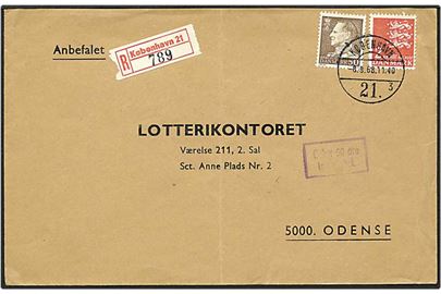 50 øre brun Fr. IX samt 2 kr. rød rigsvåben på Rec. brev fra København d. 8.9.1968 til Odense. Rammestempel med Gebyr 50 øre indbefattet.