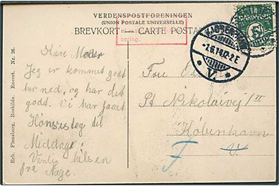 5 øre Bølgelinie på brevkort fra Roskilde d. 1.6.1914 til København. Rødt rammestempel: Forsinket paa Grund af mangelfuld Adressering.