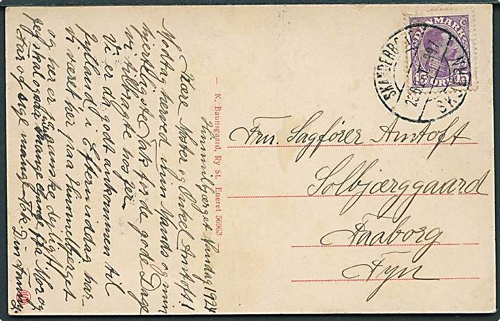 15 øre Chr. X på brevkort fra Himmelbjerget annulleret med bureaustempel Skanderborg - Skjern T.997 d. 23.6.1924 til Faaborg.