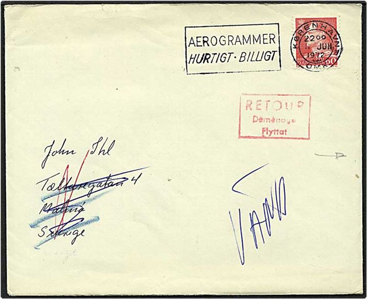 60 øre rød Fr. IX på brev fra København d. 11.6.1972 til Malmø, Sverige. Brevet returneret da modtageren er flyttet.