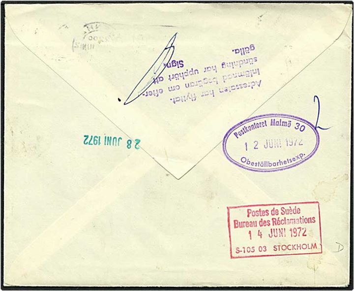 60 øre rød Fr. IX på brev fra København d. 11.6.1972 til Malmø, Sverige. Brevet returneret da modtageren er flyttet.