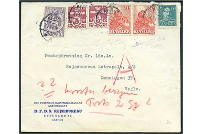 5 øre Bølgelinie (2), 10 øre Chr. 75 år, 20 øre DSB (2) og 60 øre Chr. X på brev med postopkrævning indleveret i Aarhus d. 31.7.1947 efter alm. åbningstid til Vejle. Violet stempel: Gebyr 20 øre indbefattet.