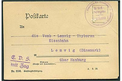 Ufrankeret tysk jernbanesag E.D.S. mit Zug med briefstempel Deutsche Rb.-Gesellsch. * Reichbahndirektion Hannover * d. 11.8.1931 til Vemb-Lemvig-Tyborøn Jernbane i Lemvig, Danmark.