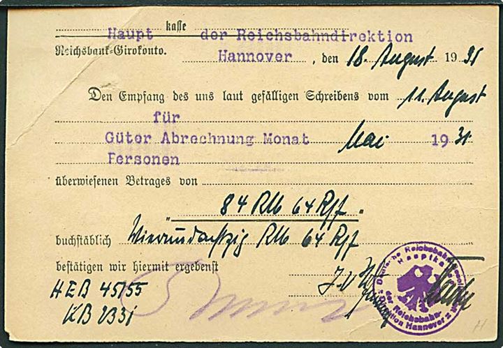 Ufrankeret tysk jernbanesag E.D.S. mit Zug med briefstempel Deutsche Rb.-Gesellsch. * Reichbahndirektion Hannover * d. 11.8.1931 til Vemb-Lemvig-Tyborøn Jernbane i Lemvig, Danmark.