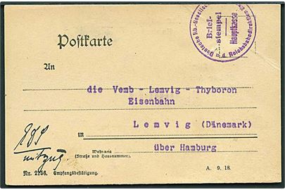 Ufrankeret tysk jernbanesag E.D.S. mit Zug med briefstempel Deutsche Rb.-Gesellsch. * Reichbahndirektion Hannover * d. 10.12.1931 til Vemb-Lemvig-Tyborøn Jernbane i Lemvig, Danmark.