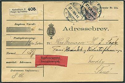 50 øre Tofarvet single på adressebrev for pakke med opkrævning fra Kjøbenhavn d. 22.7.1905 til Nordby på Fanø.