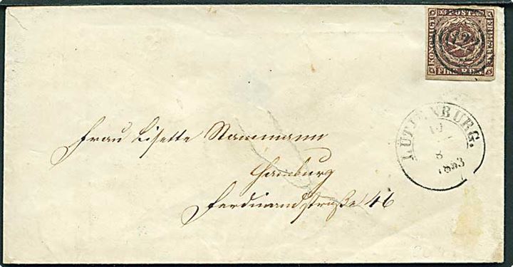 4 R.B.S. Thiele II sortbrun med fuld rand på brev annulleret med nr.stempel 122 og sidestemplet med 1½-ringsstempel Lütjenburg d. 10.8.1853 til Hamburg. Skade på forsiden.