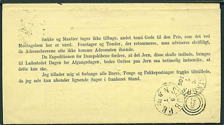 2 sk. Tofarvet 6. tryk på priscourant sendt som tryksag med lapidar Kiøbenhavn N.B. d. 5.7.1873 via 229/N.SJ.JB.P.B. til Helsingør. 