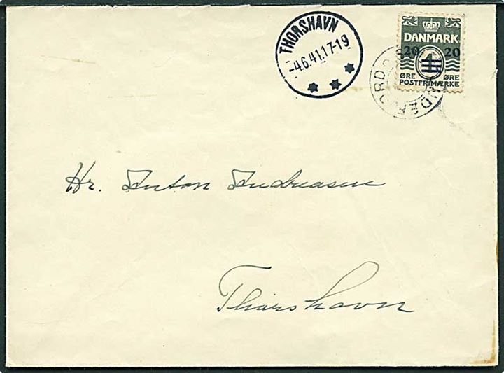 20/1 øre Provisorium på brev annulleret med udslebet stjernestempel ANDEFJORD og sidestemplet Thorshavn d. 4.6.1941 til Thorshavn. Del af bagklap mgl.