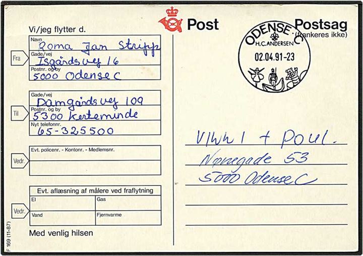 Postsag angående flytning fra Odense d. 2.4.1991. H.C. Andersen særstempel.