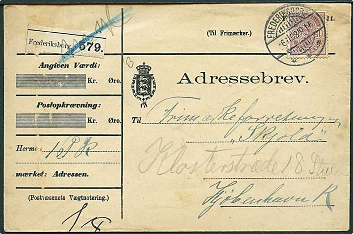 15 øre Våben single på adressebrev for pakke fra Frederiksborg d. 6.11.1903 til Kjøbenhavn.
