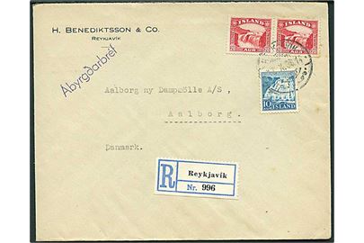 10 aur Dynjandi og 20 aur Gullfoss (par) på anbefalet brev fra Reykjavik d. 11.10.1936 til Aalborg, Danmark.