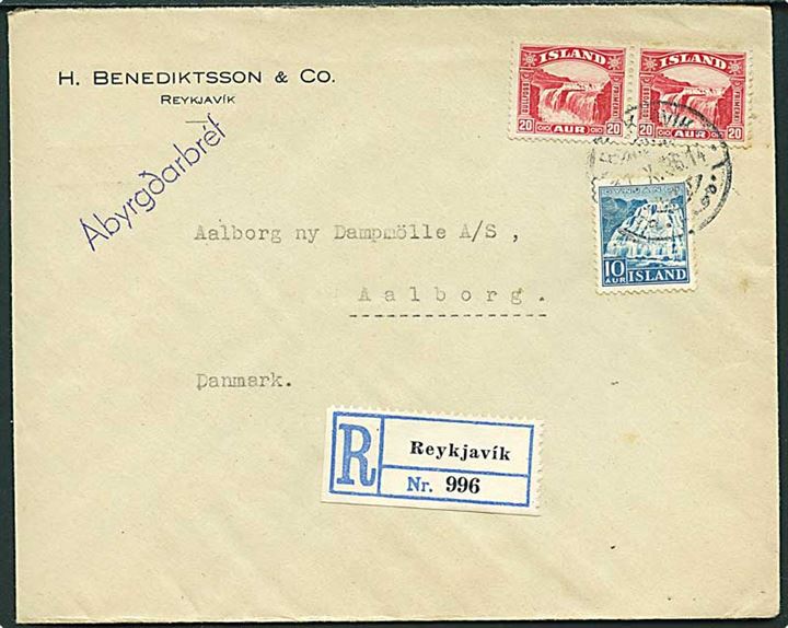 10 aur Dynjandi og 20 aur Gullfoss (par) på anbefalet brev fra Reykjavik d. 11.10.1936 til Aalborg, Danmark.