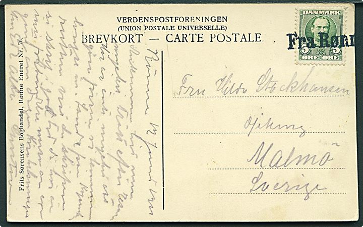 5 øre Fr. VIII på brevkort dateret Rønne d. 12.6.19xx og annulleret med skibsstempel Fra Rønne til Malmö, Sverige.