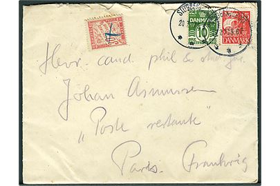10 øre Bølgelinie og 15 øre Karavel på brev fra Stubbekjøbing d. 20.7.1927 til poste restante i Paris, Frankrig. Påsat fransk 30 c. portomærke som poste restante gebyr. Lidt flosset.