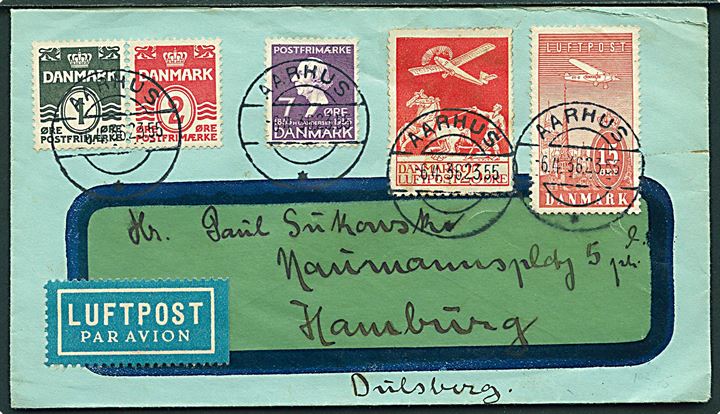 25 øre gl. Luftpost, 15 øre Luftpost, 1 øre, 2 øre Bølgelinie og 7 øre H.C.Andersen på 50 øre frankeret luftpostbrev fra Aarhus d. 6.4.1936 til Hamburg, Tyskland.