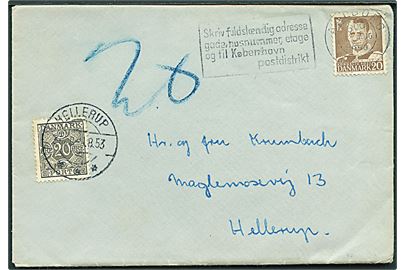 20 øre Fr. IX på underfrankeret brev fra Aalborg d. 1.8.1953 til Hellerup. Udtakseret i porto med 20 øre Portomærke stemplet Hellerup.