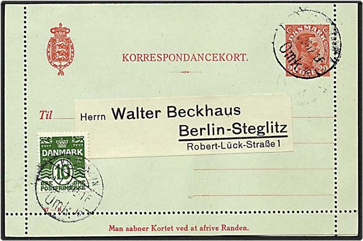 20 øre rød Chr.C korrespondancekort opfrankeret med 10 øre grøn bølgelinie fra København d. 23.1.1926 til Berlin, Tyskland. Fab.nr. 47-H.