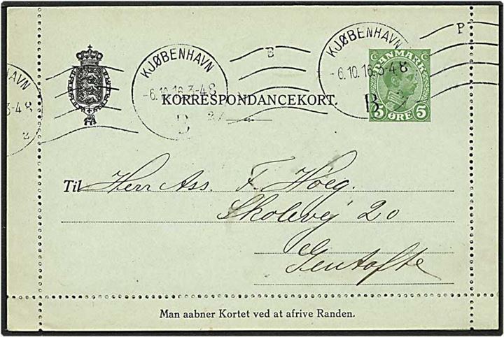 5 øre grøn Chr. X korrespondancekort fra København d. 6.10.1916 til Gentofte.