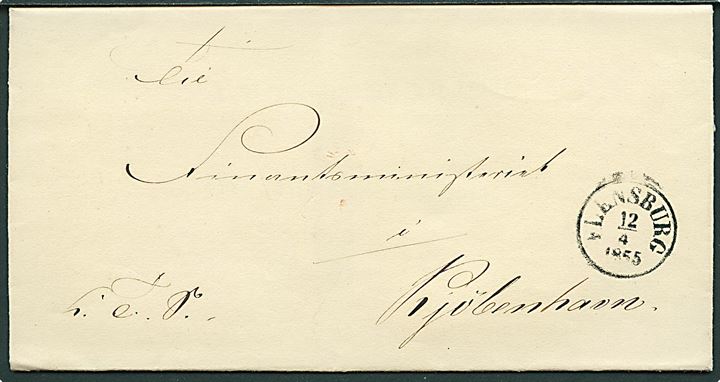 1855. Ufrankeret tjenestebrev med antiqua Flensburg d. 12.4.1855 til Kjøbenhavn.