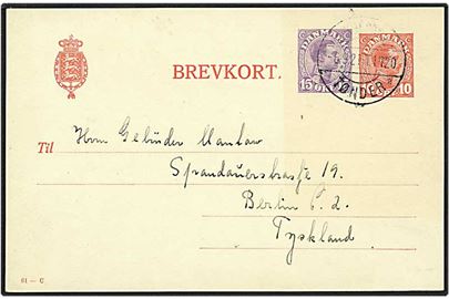 10 øre rød og 15 øre violet Chr. X enkeltbrevkort fra Sønderborg d. 6.9.1921 til Berlin, Tyskland. Fab.nr. 61-C. Sønderborg / Tønder sn 2 bureaustempel.