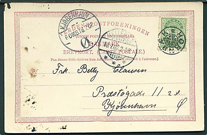 5 øre Våben på brevkort annulleret med stjernestempel HORNBÆK og sidestemplet Hellebæk d. 18.7.1902 til Kjøbenhavn.