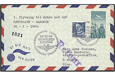 20 øre blågrøn ny luftpost og 40 øre blå Fr. IX på luftpost brev fra København d. 26.10.1949 til Bangkok, Thailand. Brevet er returneret.