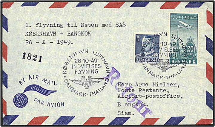 20 øre blågrøn ny luftpost og 40 øre blå Fr. IX på luftpost brev fra København d. 26.10.1949 til Bangkok, Thailand. Brevet er returneret.
