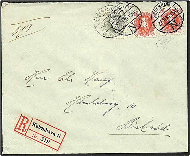 15 øre rød og 20 øre grå Chr. X på Rec. brev fra København d. 27.11.1930 til Birkerød.