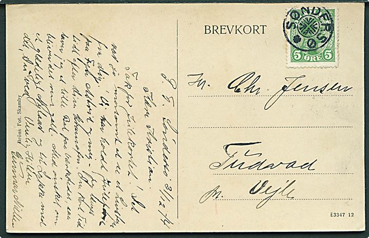 5 øre Chr. X på brevkort dateret d. 31.12.1914 annulleret med stjernestempel SØNDERSØ til Tudevad pr. Vejle.