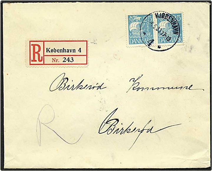 25 øre blå karavel på Rec. brev fra København d. 4.5.1930 til Birkerød.