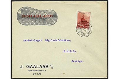 20 øre rød stavkirke på reklamekuvert for savklinger fra Oslo, Norge, d. 3.V.1938 til Nora, Sverige.